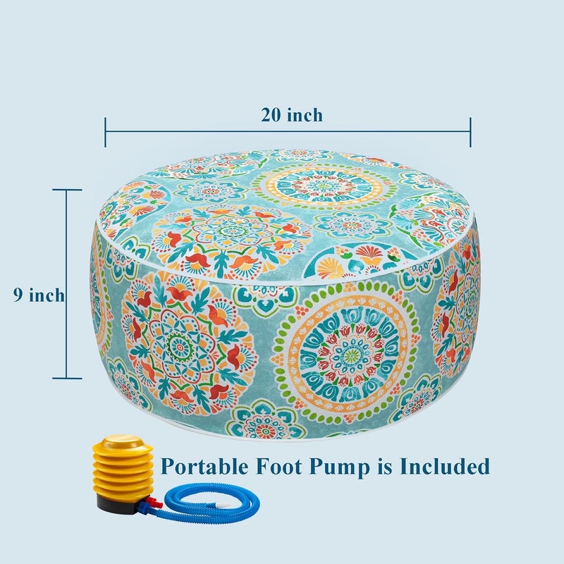 FUNHOME Inflatable Stool Ottoman Footrest with Handle, All Weather Footrest Seat with Foot Pump D20 xH9, Water Repellent Footstool Pouf for Home Patio Garden and Camping Use-Cyan Circle - Image 3